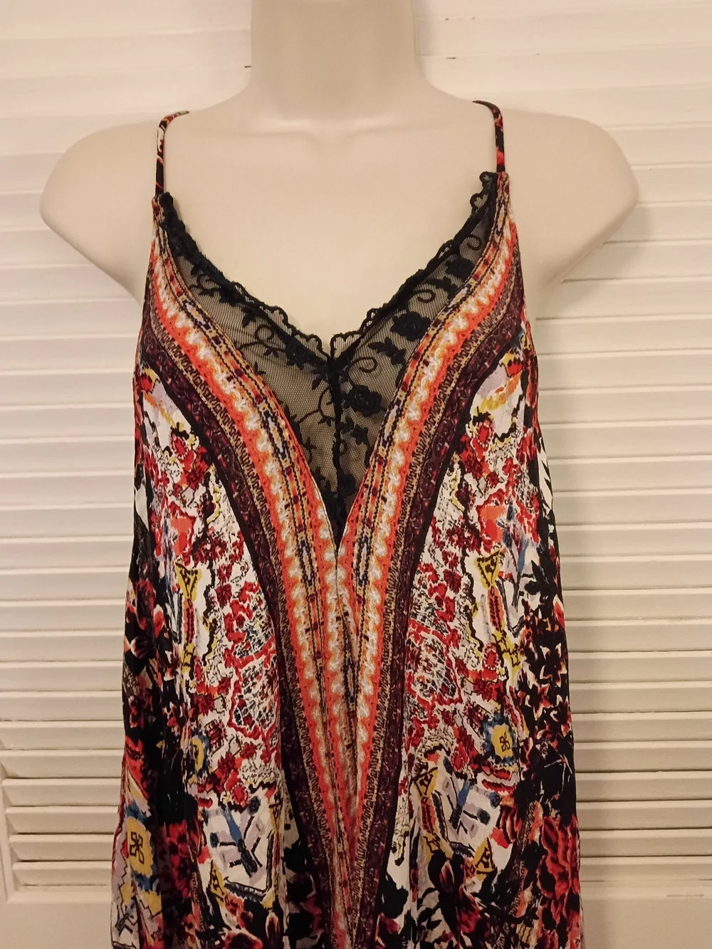Free People Multicolor Floral Slip Dress with Black Lace Trim
